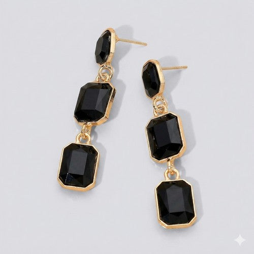 PKE1622 Triple Cushion Cut Stone Drop Earrings in Gold/Black