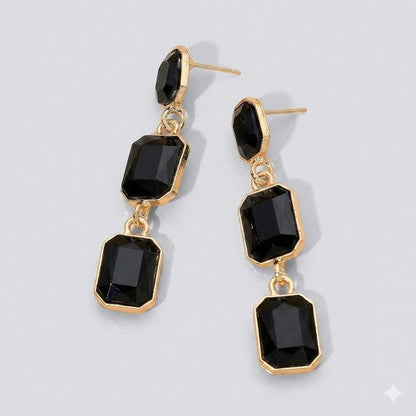 PKE1622 Triple Cushion Cut Stone Drop Earrings in Gold/Black