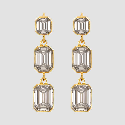 Triple Cushion Cut Stone Drop Earrings in Gold/Clear