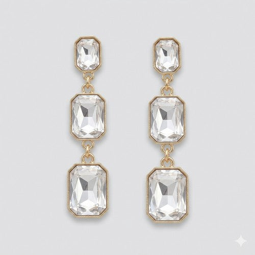 PKE1622 Triple Cushion Cut Stone Drop Earrings in Gold/Clear