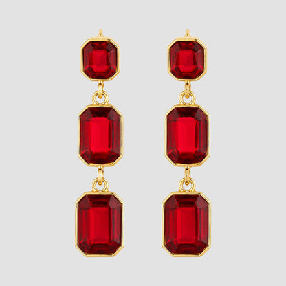 Triple Cushion Cut Stone Drop Earrings in Gold/Red