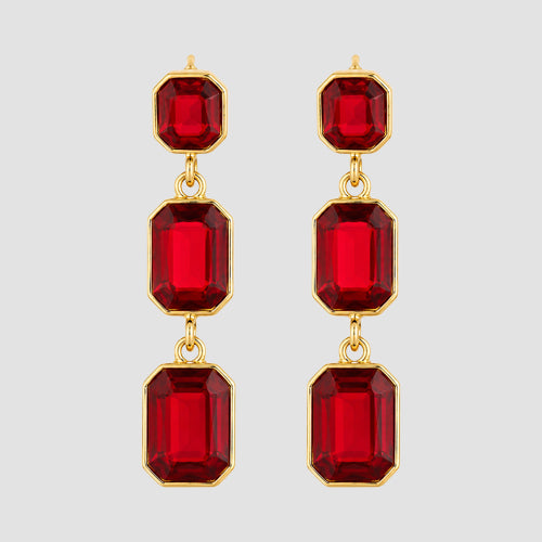 Triple Cushion Cut Stone Drop Earrings in Gold/Red