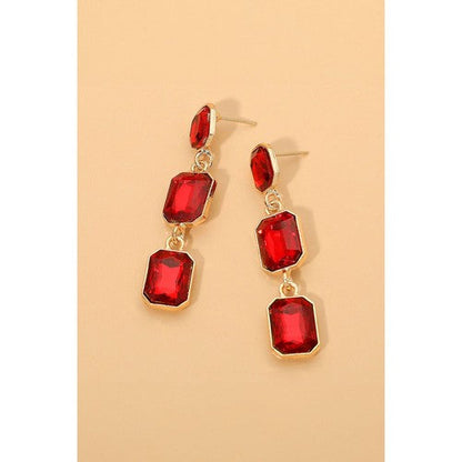PKE1622 Triple Cushion Cut Stone Drop Earrings in Gold/Red