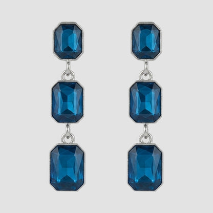 Triple Cushion Cut Stone Drop Earrings in Silver/Blue