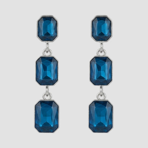Triple Cushion Cut Stone Drop Earrings in Silver/Blue