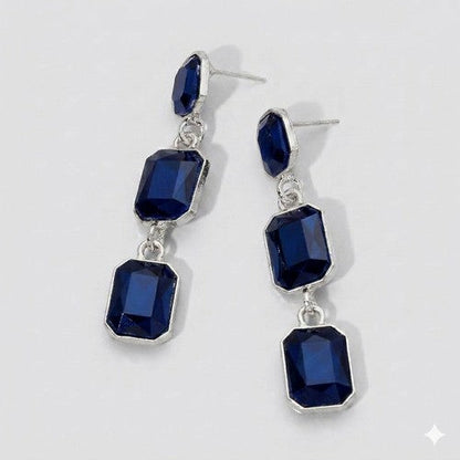 PKE1622 Triple Cushion Cut Stone Drop Earrings in Silver/Blue