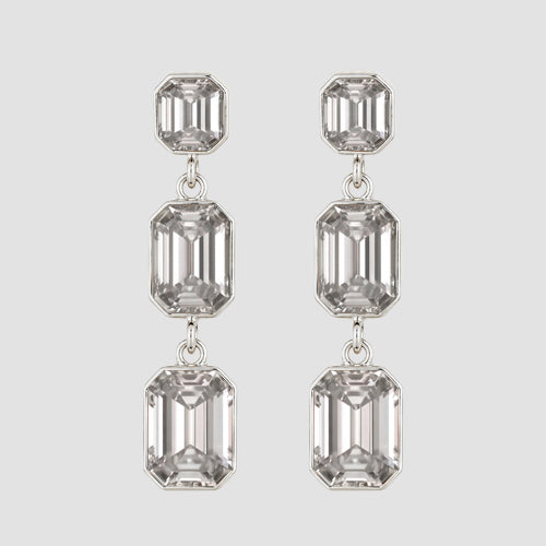 Triple Cushion Cut Stone Drop Earrings in Silver/Clear