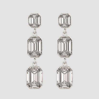Triple Cushion Cut Stone Drop Earrings in Silver/Clear