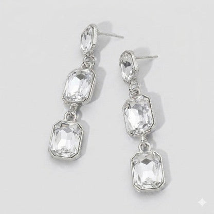 PKE1622 Triple Cushion Cut Stone Drop Earrings in Silver/Clear