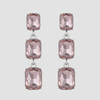 Triple Cushion Cut Stone Drop Earrings in Silver/Pink