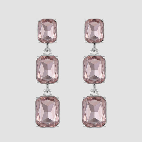 Triple Cushion Cut Stone Drop Earrings in Silver/Pink