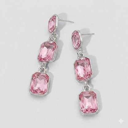 PKE1622 Triple Cushion Cut Stone Drop Earrings in Silver/Pink