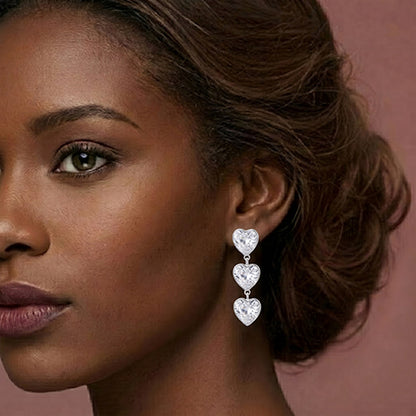 Triple Heart Crystal Earrings in Clear Crystal