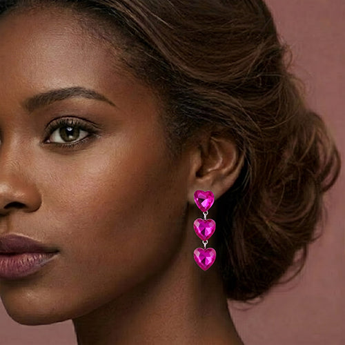 Triple Heart Crystal Earrings in Fuchsia