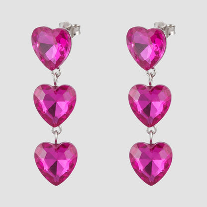 Triple Heart Crystal Earrings in Fuchsia