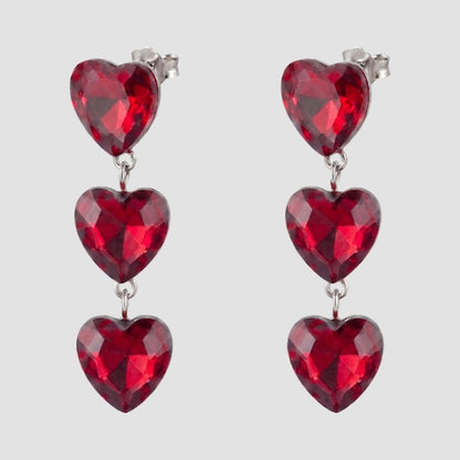 Triple Heart Crystal Earrings in Red