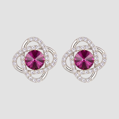 Rhinestone Crystal Point Flower Stud Earrings in Silver/Fuchsia