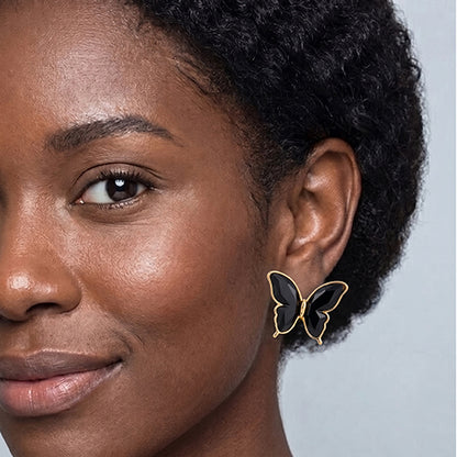 Pearlescent Butterfly Enamel Sutd Earrings in Gold/Black