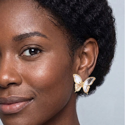 Pearlescent Butterfly Enamel Sutd Earrings in Gold/Clear Crystal