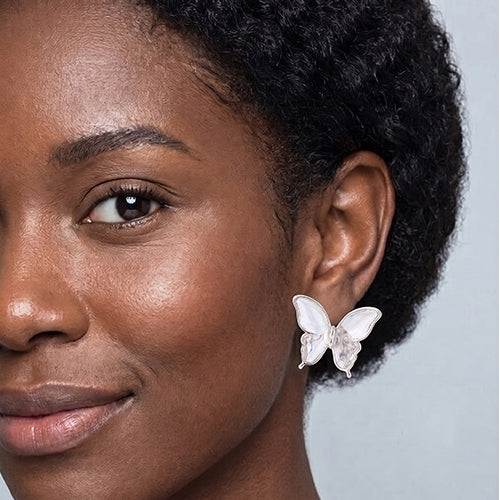 Pearlescent Butterfly Enamel Sutd Earrings in Silver/Clear Crystal