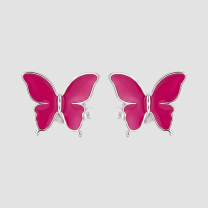 Pearlescent Butterfly Enamel Sutd Earrings in Silver/Fuchsia