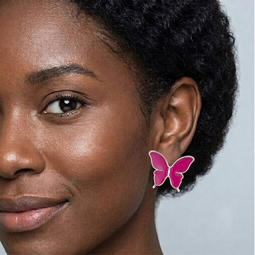 Pearlescent Butterfly Enamel Sutd Earrings in Silver/Fuchsia