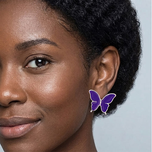 Pearlescent Butterfly Enamel Sutd Earrings in Silver/Purple