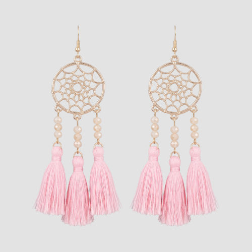 Dream Catcher Tassel Earrings in Gold/Pink