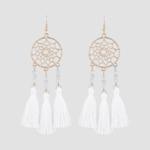 Dream Catcher Tassel Earrings in Gold/White