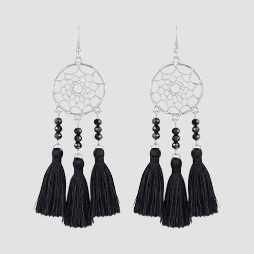 Dream Catcher Tassel Earrings in Silver/Black
