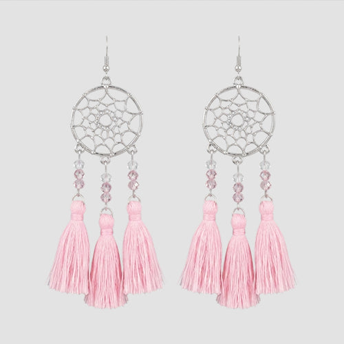 Dream Catcher Tassel Earrings in Silver/Pink