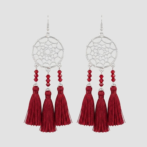 Dream Catcher Tassel Earrings in Silver/Red