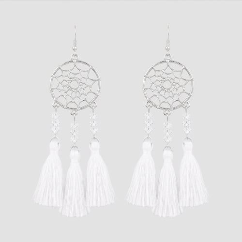 Dream Catcher Tassel Earrings in Silver/White