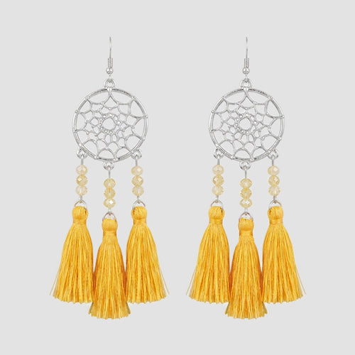 Dream Catcher Tassel Earrings in Silver/Yellow
