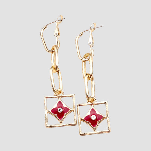 Triple Drop Crystal Earrings in Gold/Red