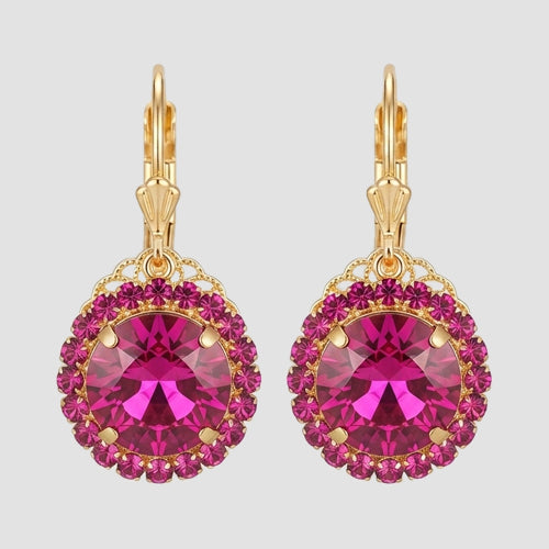 Double Halo Square Gem Earrings in Gold/Fuchsia