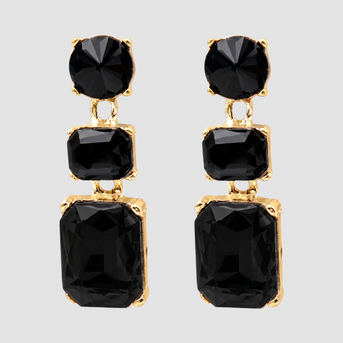 Double Halo Square Gem Earrings in Gold/Black