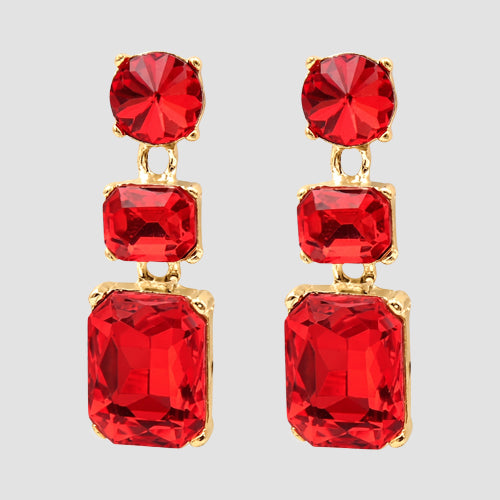 Double Halo Square Gem Earrings in Gold/Red