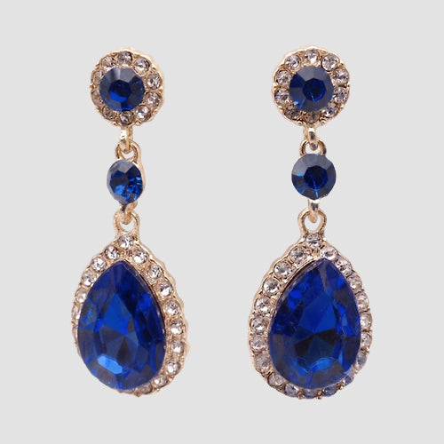 Rhinestone Leaf Earrings in Gold/Blue