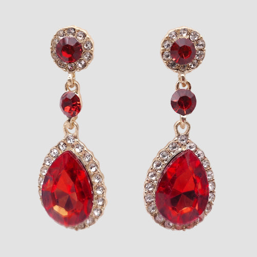 Rhinestone Leaf Earrings in Gold/Red