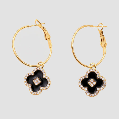 Dangle Rhinestone Clover Hoop Earring in Gold/Black