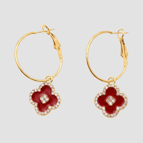 Dangle Rhinestone Clover Hoop Earring in Gold/Red