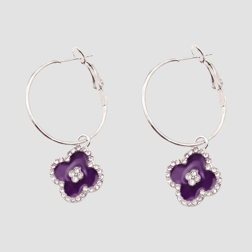 Dangle Rhinestone Clover Hoop Earring in Silver/Purple