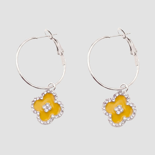 Dangle Rhinestone Clover Hoop Earring in Silver/Yellow