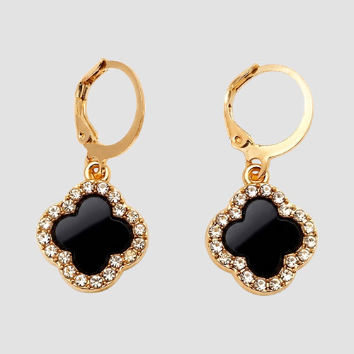 Rhinestone Clover Huggie Hoop Earring in Gold/Black