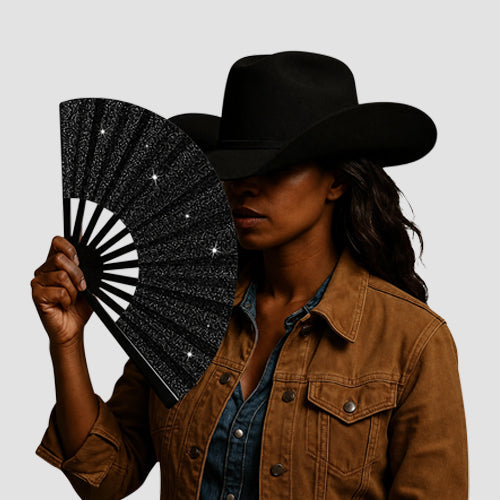 Clack Oversize Line Dancing Fan in Black Glitter