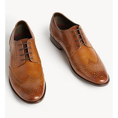 Marks & Spencer Genuine Leather Wide Fit Brogue Dress Shoes in Tan