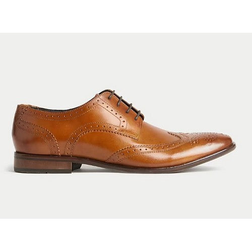 Marks & Spencer Genuine Leather Wide Fit Brogue Dress Shoes in Tan
