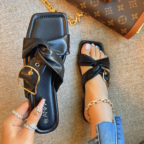 Cross Over Gold Buckle Slipper in Black