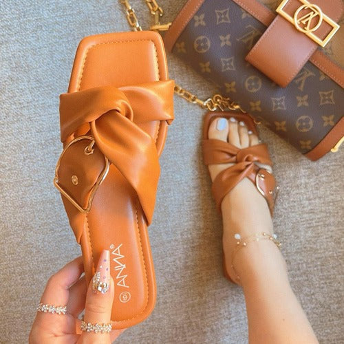 Cross Over Gold Buckle Slipper in Tan